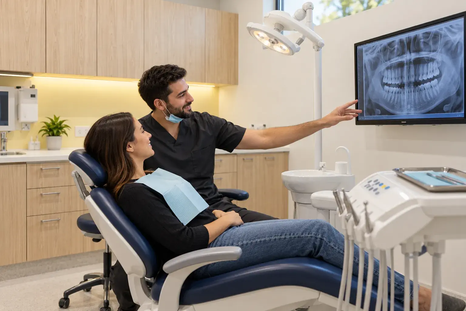 Dentist talking a relaxed patient through her X-ray in a treatment room at Eglinton Dental Care