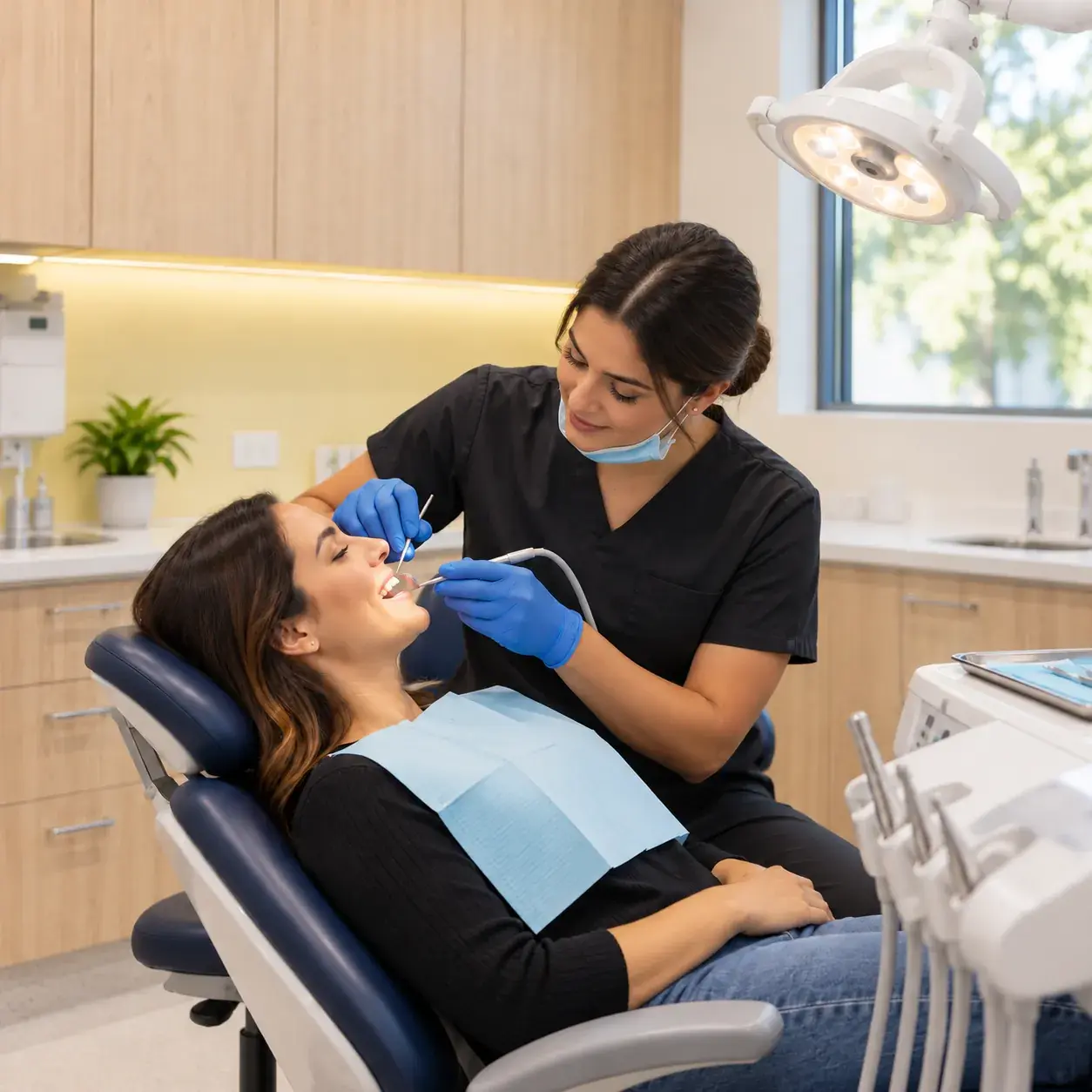 Hygienist polishing a patient's teeth during a check-up