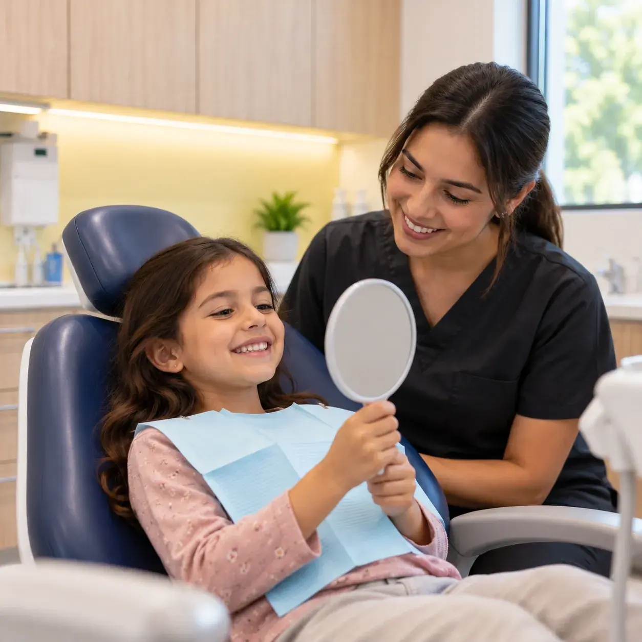 Child in the dental chair looking at her teeth in a hand mirror