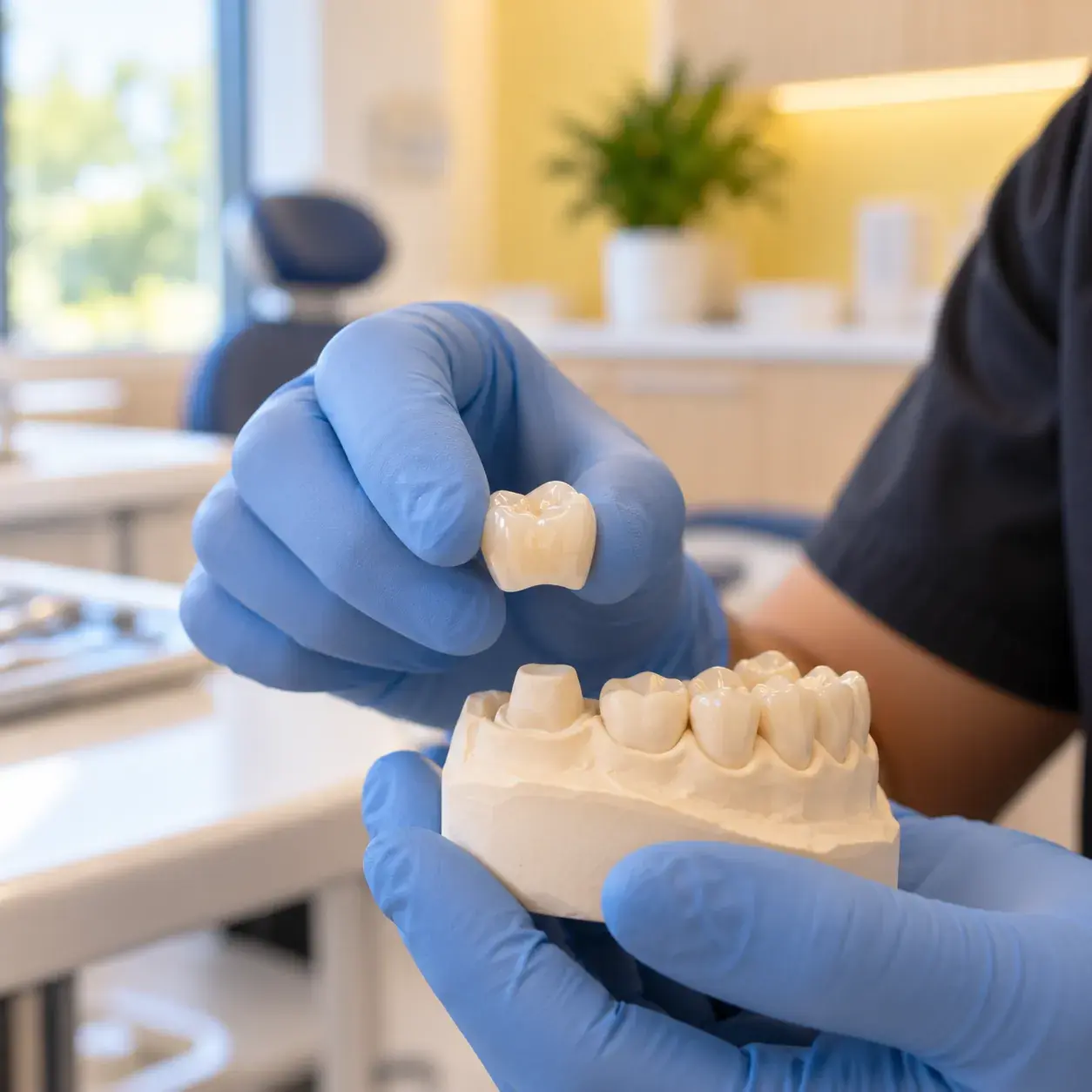 Ceramic crown held above a dental model