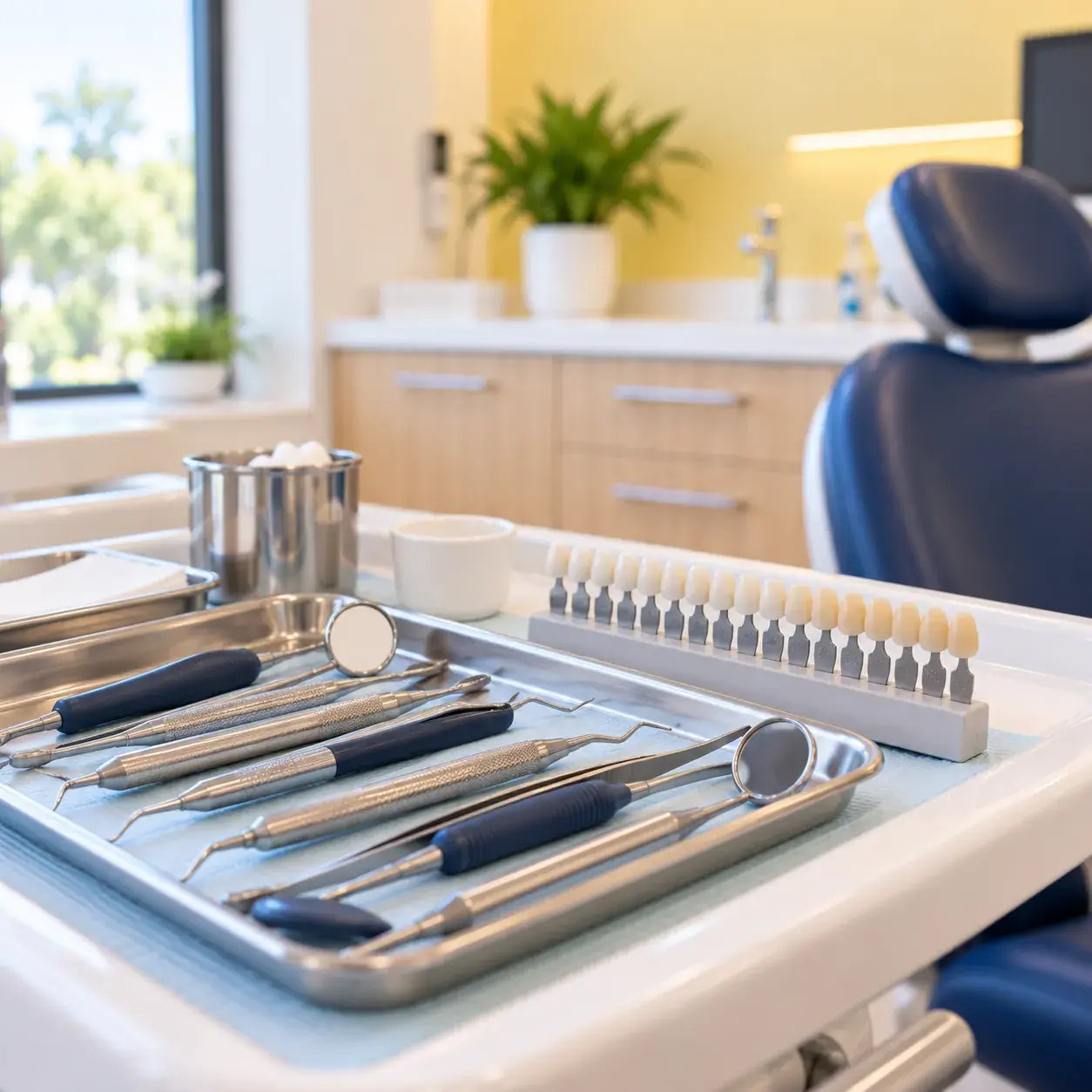 Tooth-coloured filling instruments and a shade guide on a tray