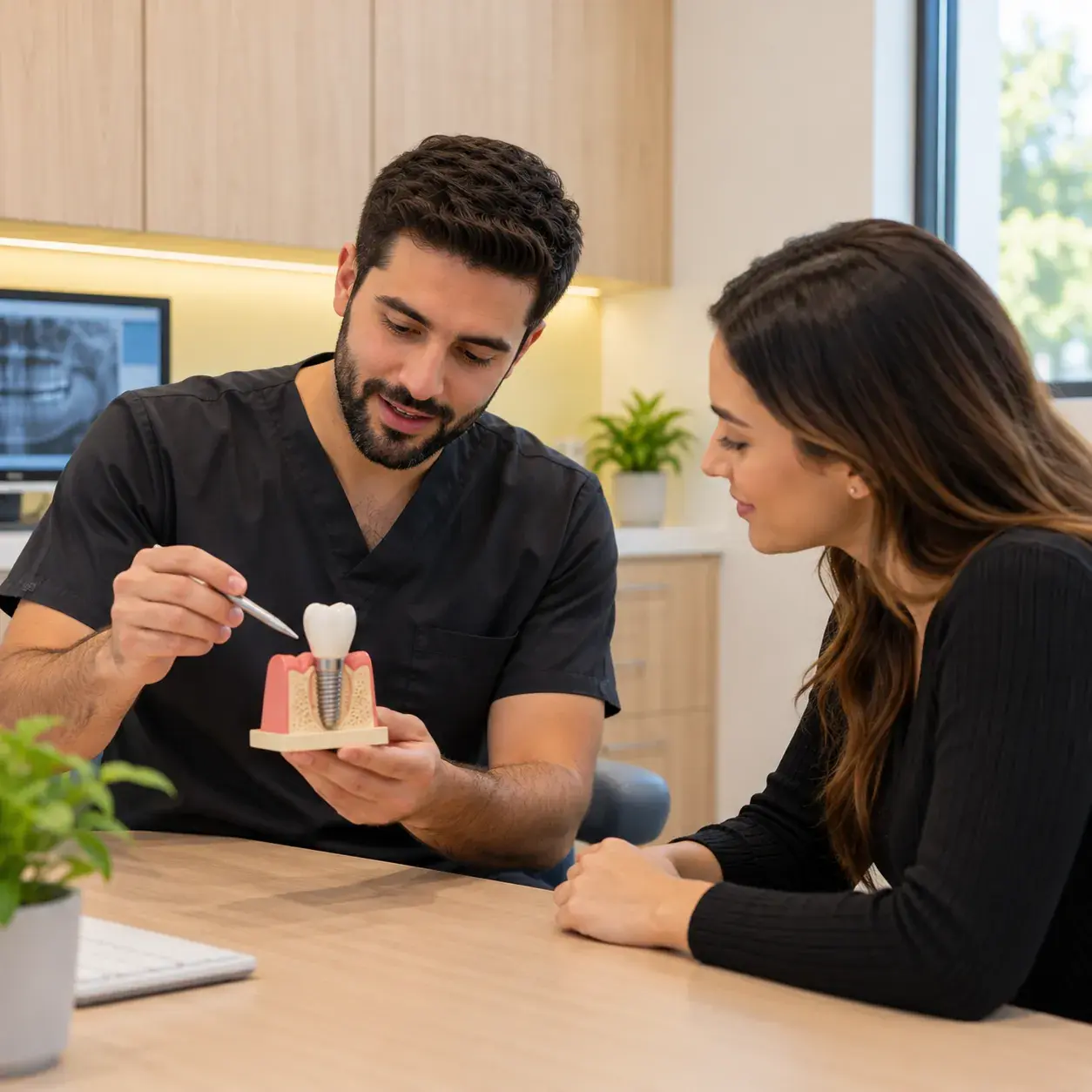 Dentist showing a patient a model of a dental implant