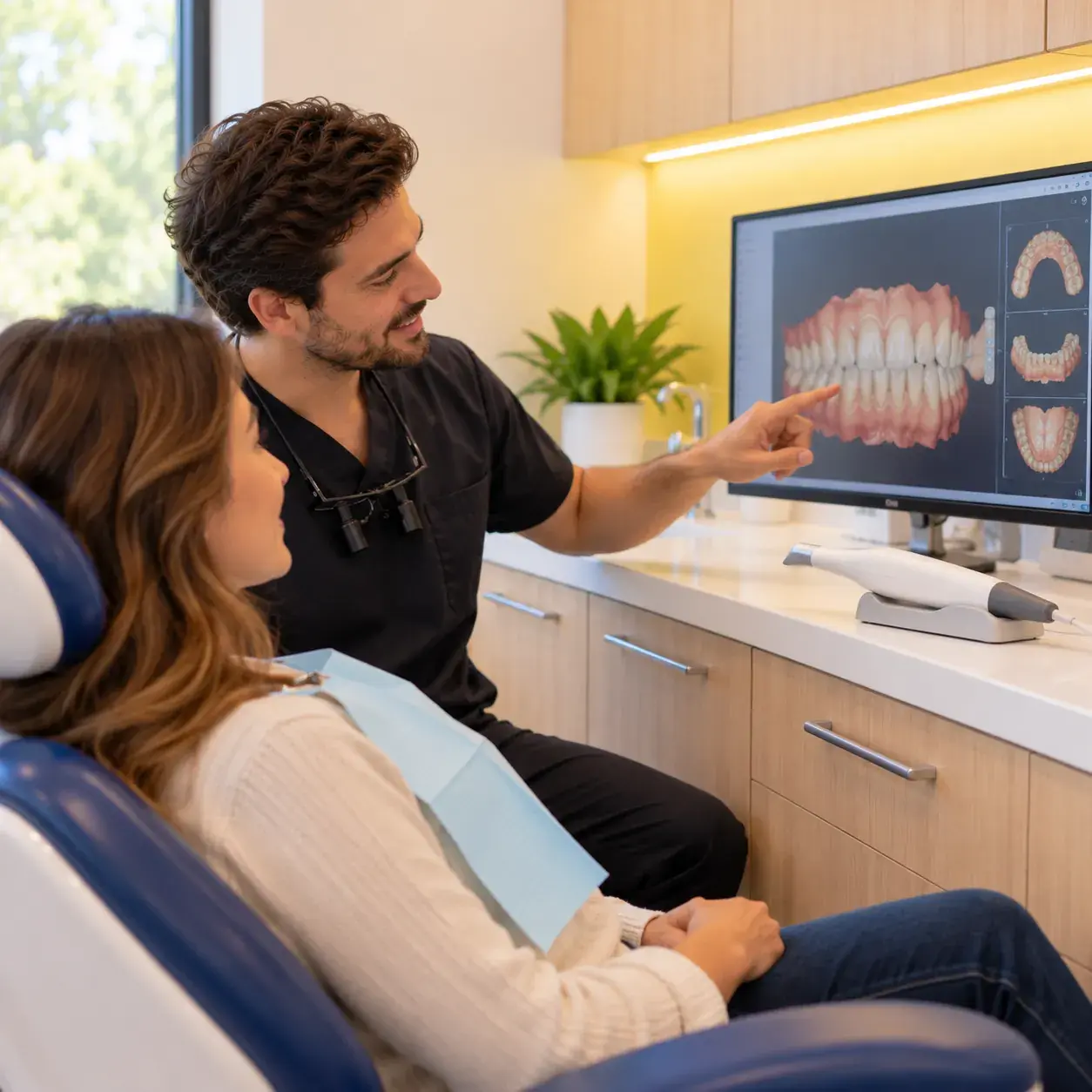 Dentist and patient viewing a 3D scan of teeth on a monitor