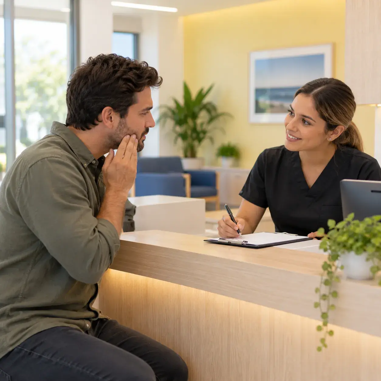 Patient with a sore jaw speaking to the receptionist
