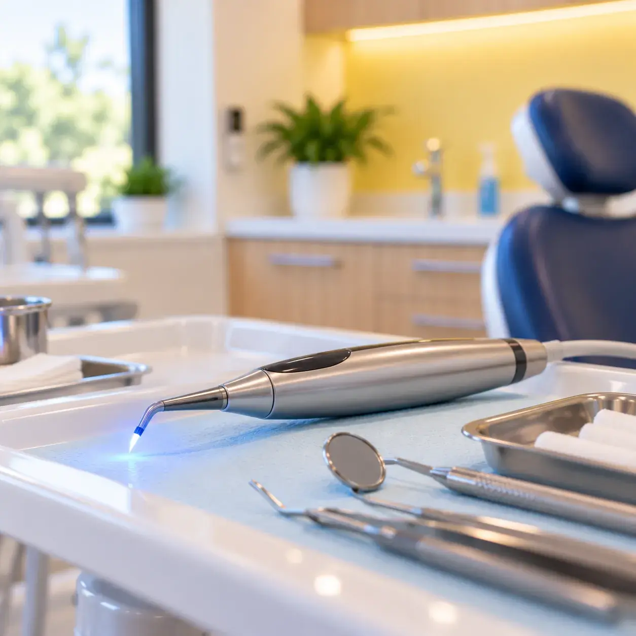 Dental laser handpiece on a clinical tray