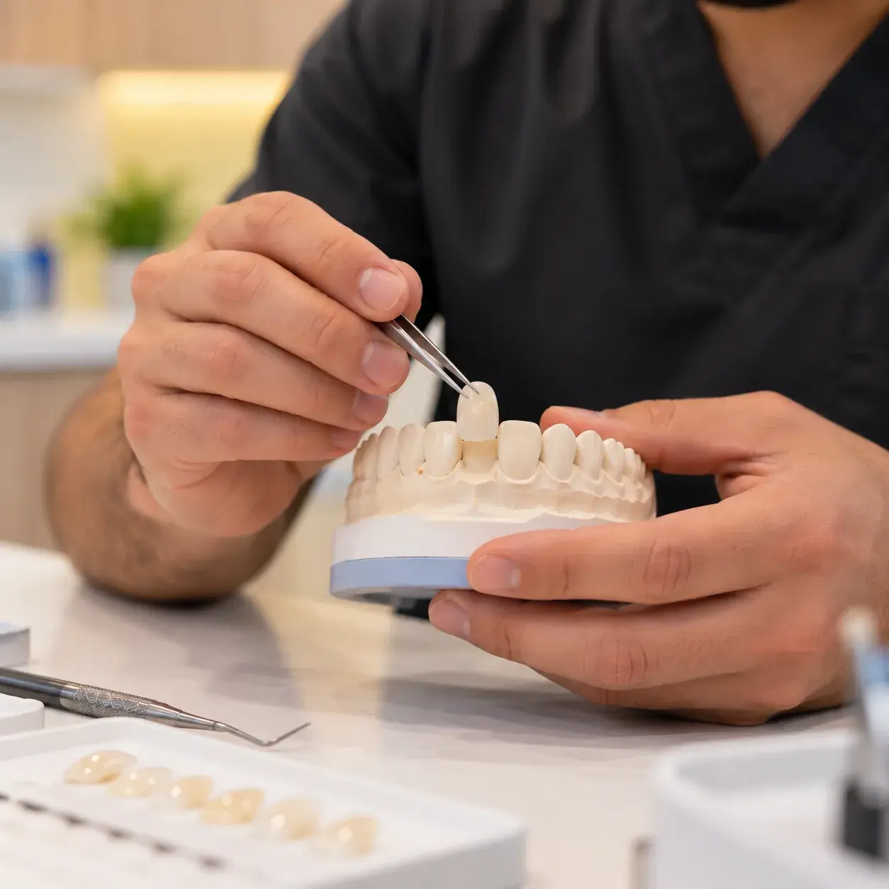 Porcelain veneer being placed on a dental model