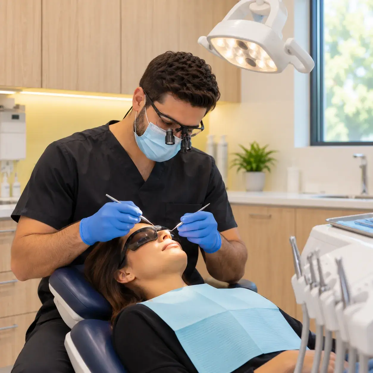 Dentist wearing loupes treating a reclined patient