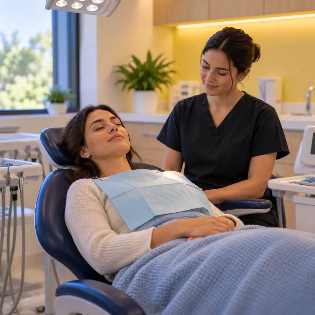 Patient resting in a reclined dental chair under a blanket