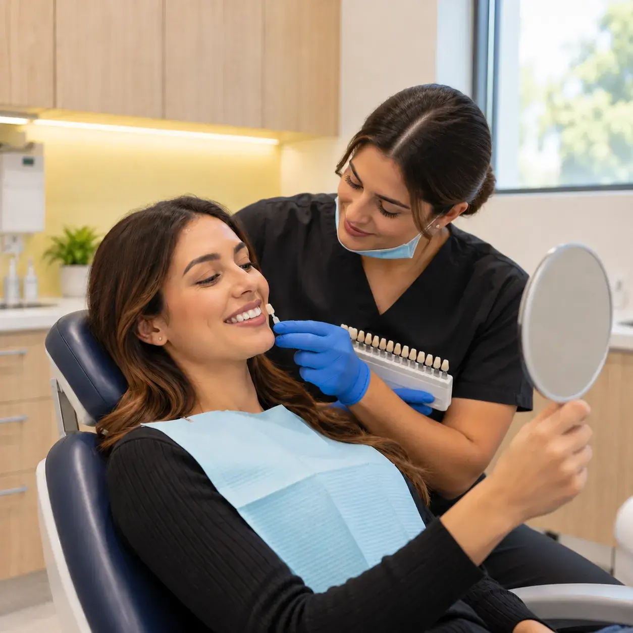 Dentist comparing a patient's tooth shade against a shade guide