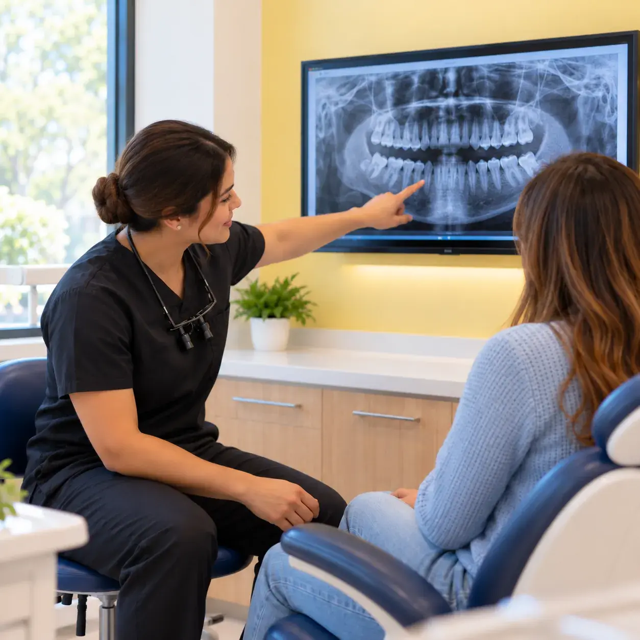 Dentist explaining a panoramic X-ray to a patient